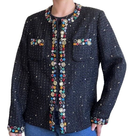 Vintage 80s Berek Black Tweed Rainbow Jeweled Beaded Blazer Jacket XL - Picture 1 of 10
